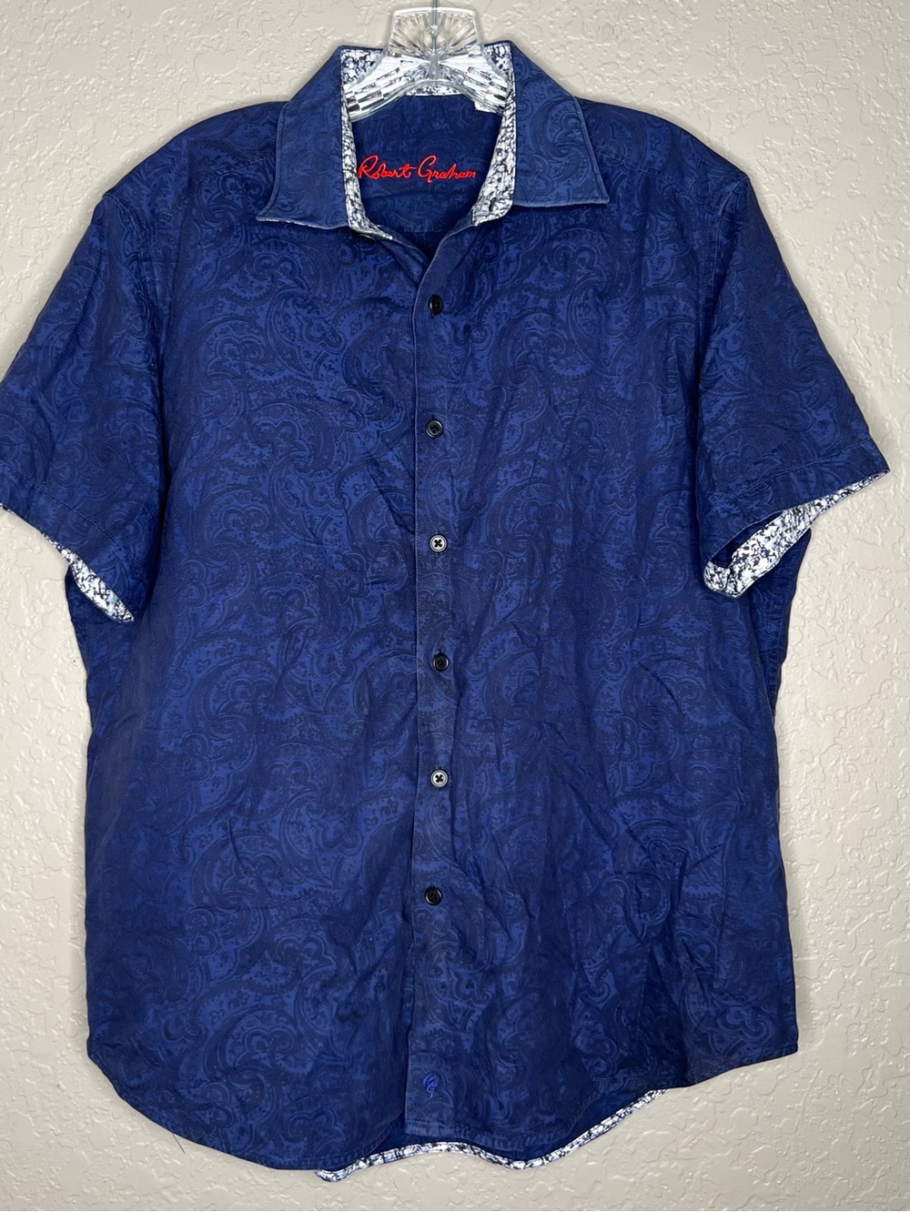 Robert Graham Men's Navy Paisley Short Sleeve Cotton Shirt Sz L Summer vacation